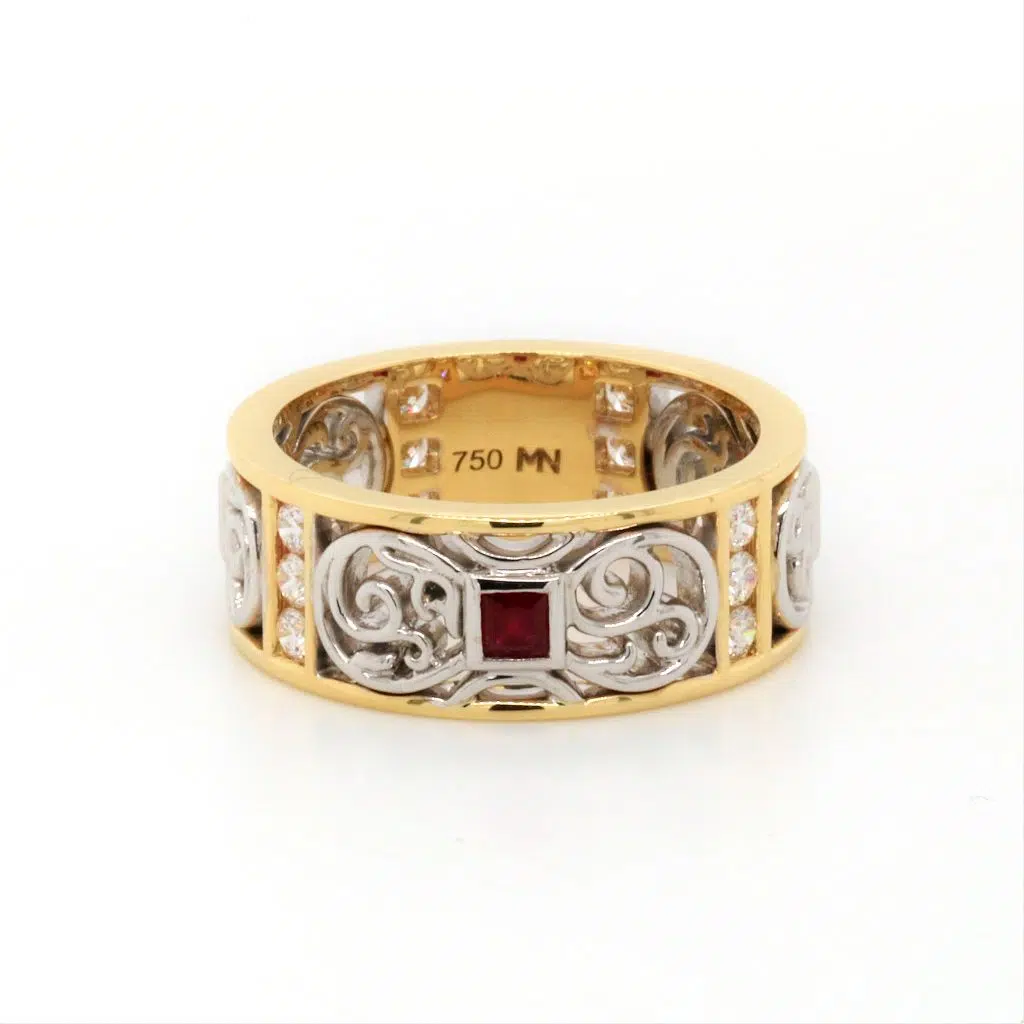 MACY- 18ct Two Tone Ruby & Diamond Dress Ring By Mark Nathan Jewellery