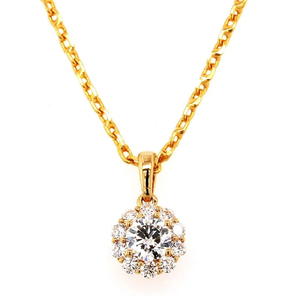 SUE- Diamond Halo Pendant In 18ct Yellow Gold By Mark Nathan Jewellery